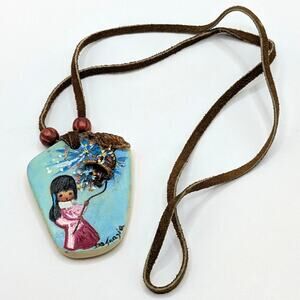 Vintage Ted DeGrazia Signed Hand Painted Girl Southwestern Cord Necklace